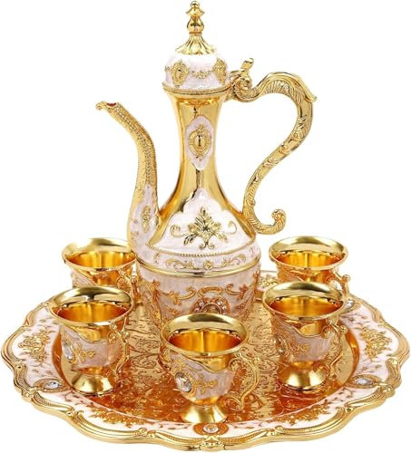 Juego de Té Turco – Juego de Café Turco Vintage con Tetera, 6 Tazas de Té Turcas, Bandeja – Decoración y Regalo Multifuncional Té, Café, Vino, Bodas e Inauguraciones,Gold