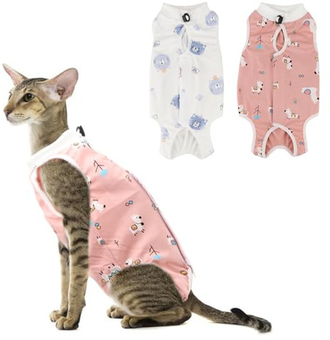 2PCS Cat Recovery Suit - Breathable Cat Surgical Recovery Suit, Onesie for Cats After Surgery Recovery, Alternative Cone of Shame Abdominal Wound Skin Wear Protection (Pink+White, L)