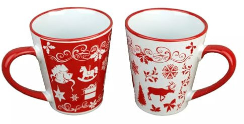 2er Set Keramik Becher 300ml Elch Schneeflocke Weihnachtsbecher Tasse Kaffeebecher Weihnachten Tasse Glühweinbecher rot weiß Rentier Punsch (9402)