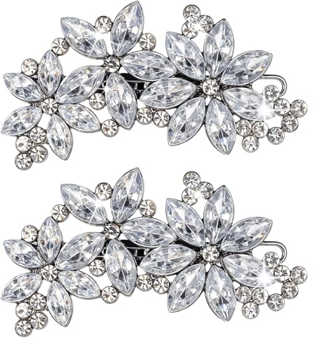 Lnngub 2 Stück Strass Haarspange Silber, Blumenform Haarnadel aus Edelstahl mit Strasssteinen Vintage Glitzer Damen Haarspange für Hochzeit, Verlobung, Verabredung, Zusammenkunft, Party, Tanz, Alltag