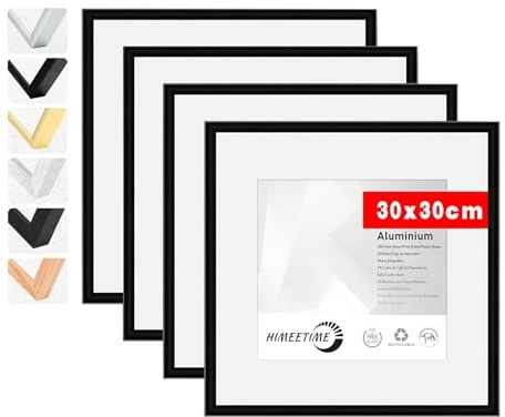 HIMEETIME® 4x Bilderrahmen - 30x30 cm,Aluminium,Schwarz matt,Mittelgroßer quadratischer Bilderrahmen,Posterrahmen zum Aufhängen im Hoch,bruchsicheres Kunstglas