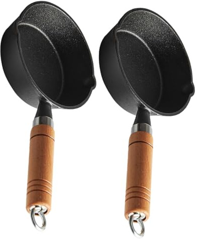 BAZEITFLOW 2 piezas Mini Olla de Fundición de Hierro para Aceite y Mantequilla con Mango de Madera Pequeña Cacerola Versátil para Derretir Chocolate Queso y Cocina y Repostería Pack