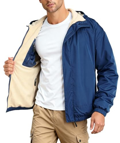GINGTTO Mens Windbreaker Jackets Waterproof Blue Winter Fleece Lined Jacket for Men Softshell Warm Coats with Hood White XL