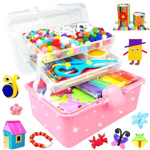 BNUZEIYI 3000Pcs Bastelset Kinder Bastelkoffer 3-Schicht Bastelbox Bastelmaterial Set mit Pfeifenreiniger Basteln & DIY Spielzeug Geschenke für Mädchen Jungen 4-6, 6-8, 8-12 Jahren, Rot