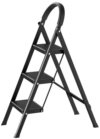 3 Step Ladder, Folding Step Stool with Wide Anti-Slip Pedals, Rubber Feet, Heavy Duty Steel Frame, 330 lbs Capacity, Portable Step Ladder for Home, Kitchen, Indoor and Outdoor Use (Black)