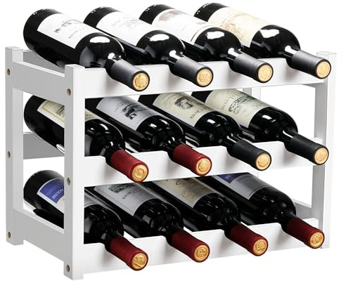 VASMIA Portabottiglie di Vino,Portabottiglie da Tavolo in Bambù Naturale, Vintage Espositore Bottiglie Scaffale Cantinetta Portabottiglie per Cucina, Bar, Cantina(3 livelli-12 bottiglie),Bianco