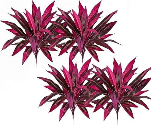 2PCS Large Realistic Artificial Boston Fern & Dragon's Blood Tree Plants, with Vibrant Pink & Purple Faux Foliage, UV Resistant Artificial Ferns, for Home Garden Patio Wedding Balcony (Red(4pcs))