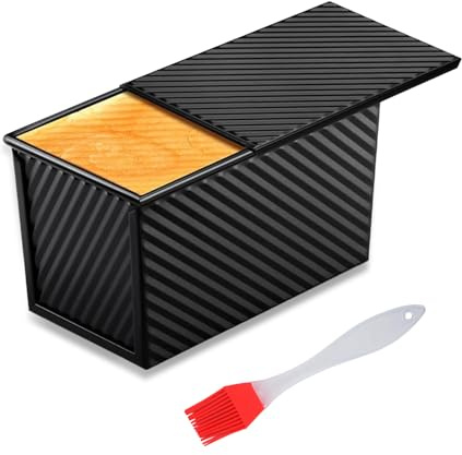 CLKUEH Loaf Tin with Lid, 1lb (450g) Pullman Bread Tin with Silicone Brush Non Stick Loaf Pan with Slide Cover Carbon Steel Toast Bread Pan for Baking Cake Toast Breads (21x12x11.7cm) Black