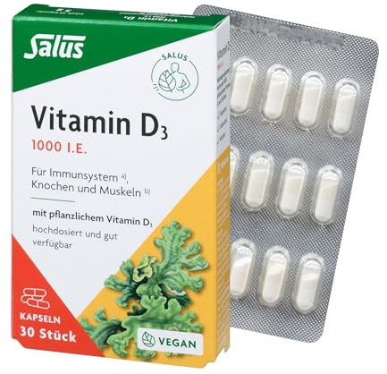 Salus Vitamin D3 1000 Vital-Kapseln - 1x 30 Kapseln - Nahrungsergänzungsmittel mit Vitamin D3 - 1000 I.E. veganes Vitamin D3 pro Kapsel - bei erhöhtem Bedarf durch geringe Eigenproduktion - vegan
