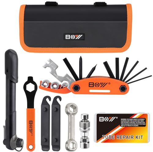 Bicycle Repair Bag With Tire Pump, Portable Tool Kit for Camping Travel - Bike Glueless Patches, Maintenance Essentials All in One Safety Kit