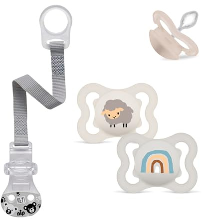 MAM Skin Soft Silikon Schnuller 0-6 Mo. Neutral // 2er Set // inkl. Sterilisiertrasportboxe & NIP Schnullerband