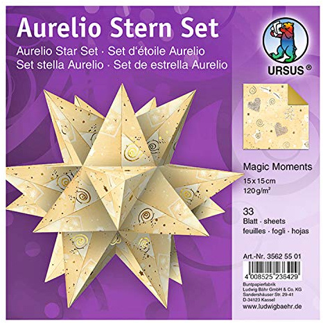 Ursus 35625501 - Faltblätter Aurelio Stern Magic Moments Star Night, chamois / gold, 33 Blatt, aus Kreativpapier 120 g/qm, ca. 15 x 15 cm, beidseitig bedruckt, mit Veredelung, ideal als Weihnachtsdeko