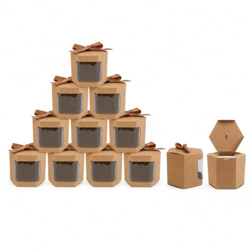 Emartbuy Stark pappers-hexagon presentpåse, 10 cm x 10 cm x 12 cm, brun kraftpåse cupcakes kakor muffin pajbox med klart fönster och band - paket med 12