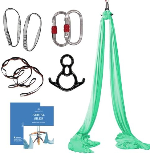 Aum Active Aerial Silks Starter Kit - Durable 9 Yards of Aerial Yoga Hammock with Hardware & Guide - Aerial Swing for Acrobatic Flying Yoga & All Levels (Aerial Rigging Point Up to 13ft)
