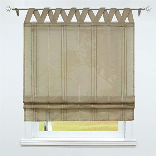 SCHOAL Raffrollo mit Schlaufen Halbtransparente Raffgardine Landhaus Schlaufenrollo Gardinen Leinen Streifen Muster 1 Stück BxH 140x140cm Braun