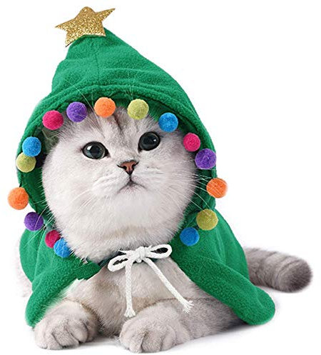 ANIAC Weihnachtskostüm für Haustiere, Welpen, Umhang mit Stern und Pompons, Katzen-Weihnachtsmann-Umhang mit Mütze, Winter-Hunde-Outfit für Katzen und kleine Hunde (Größe M, Grün)