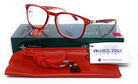 Gafas de lectura con filtro bloqueo de luz azul para gaming, ordenador, móvil. Anti fatiga professional unisex venice (Rojo con Blue blocking, 1.50)