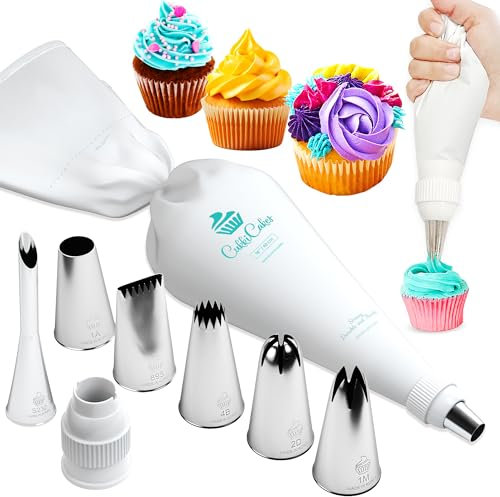 CukkiCakes Kit de Repostería Profesional (9pcs): Manga Pastelera Reutilizable + 6 Boquillas (1M, 2D, 4B, 1A, 124, 895), para Decoración de Cupcakes, Tartas, Churros - Made in Korea & Japan