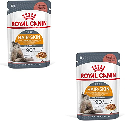 Royal Canin Hair & Skin Care Gravy | Doppelpack | 2 x 12 x 85g | Alleinfuttermittel für ausgewachsene Katzen | Feine Stückchen in Soße | Kann zu einem gesundes Fell beitragen