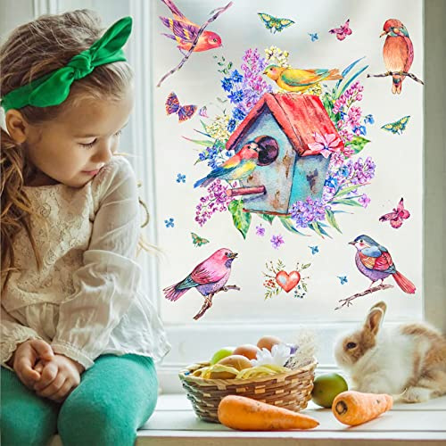 WandSticker4U®- Fensterbilder selbstklebend VOGELHAUS & BLÜTEN I Fensteraufkleber Fenstersticker Vögel Kinderzimmer Bad Küche wiederverwendbar Fenster Deko Sommer Frühling
