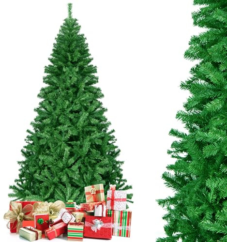 GYMAX Sapin de Noël Artificiel 225 cm, avec 1346 Branches Denses & Support en Métal, Arbre Vert Décoratif en PVC, pour Maison, Magasin, Inérieur, Extérieur