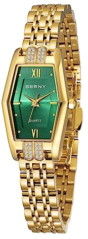 BERNY Guld Klockor för kvinnor Hexagon Ladies Quartz Armbandsur Rostfritt stål Band Liten Analog Klocka Lyx Armband