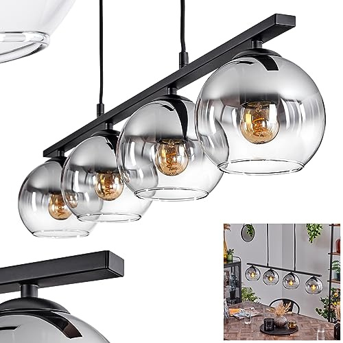 Pendelleuchte Koyoto, Hängelampe aus Metall/Glas in Schwarz/Rauchfarben/Klar, Hängeleuchte im Retro/Vintage-Design mit Glasschirmen (Ø 15 cm), 4-flammig, Höhe max. 111,5 cm, 4 x E27, ohne Leuchtmittel