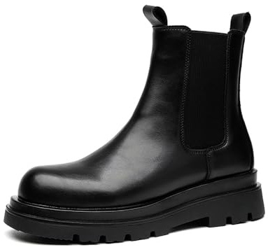 MANLADUO Stivali Chelsea da uomo con suola spessa, stivali alti elastici stile britannico, scarpe in pelle da uomo, nero, 40 EU