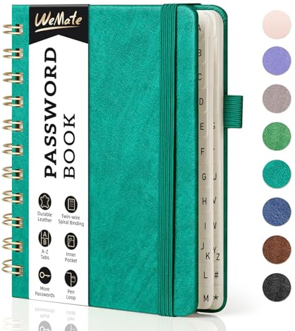 WEMATE Spiral Passwort Buch mit A-Z-Register, A6-10.5 x 14.8 cm, Petrol | Für Logins und Zugangsdaten, Felder für Benutzernamen und Passwörter, Spiralbindung, Für Senioren geeignet