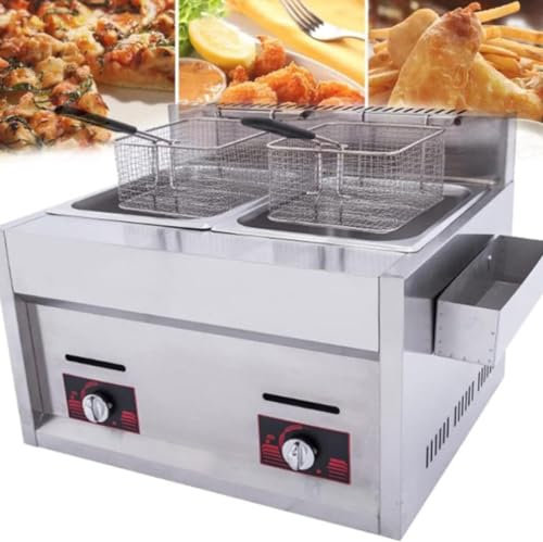 Friteuse à Gaz GPL En Acier Inoxydable Commerciale, 6L/12L Professionnelle Friteuse à Gaz Avec Panier Et Couvercle, Puissance De Feu Réglable Adaptée Au Poulet Frit Et Aux Frites,Doublepot
