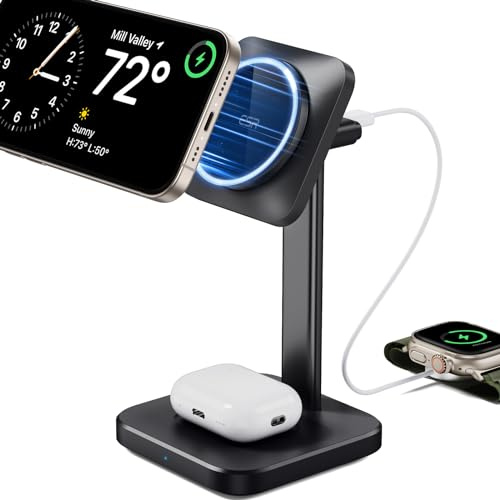 ESR 2-i-1 laddningsstation för Apple, MagSafe-hållare laddare för iPhone [certifierad], Magsafe laddningsstation för flera enheter iPhone 16/15/14/13/12, Apple Watch och AirPods 4, svart
