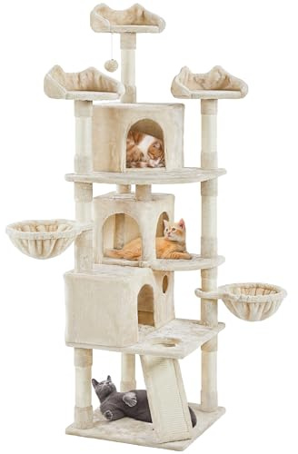 Yaheetech Arbre à Chat Géant 194 cm Multiniveau Beige | 3 niches, 3 perchoirs, 2 paniers, escalier, 10 griffoirs sisal, base 55 cm, anti-bascule, FSC, pour plusieurs chats