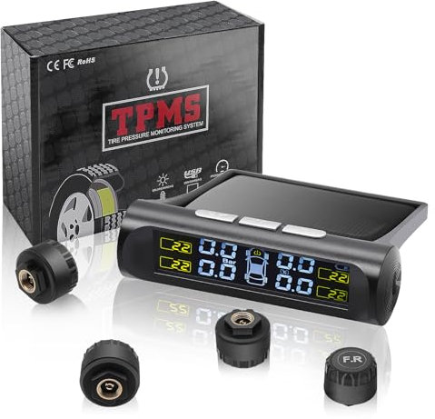 Geloo Real-Time Tire Pressure Monitoring System with 4 pcs Waterproof Sensors, Wireless Solar Monitor with Air Leak/Temp/Pressure Alarm,0-5 bar TPMS for Caravans RV Car SUV Trailer