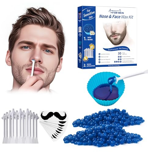 Nose Wax Kit per Uomini e Donne, 50g Ceretta per Peli del Naso e delle Orecchie Uomo/Donna, 30 Applicatori 10 Stampini per Baffi 1 Coppetta in Silicone Riutilizzabile, Sicura, Veloce, Indolore dei Pel