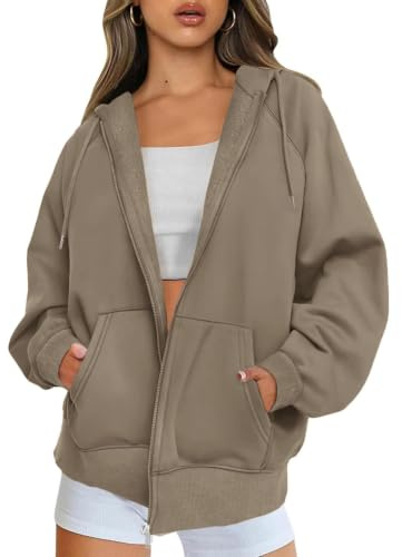 Timuspo Felpa con cappuccio da donna a maniche lunghe, con cerniera, oversize, in pile, tinta unita, per autunno, Y2k