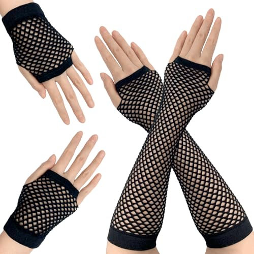 VLYX Netzhandschuhe, 2 Paar fingerlose Netzärmel, schwarze Netzhandschuhe für 80er-Jahre-Mottoparty, Halloween, Cosplay, Kostümzubehör für Frauen (schwarz)