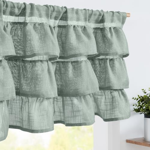TOPICK Kök skivgardiner med volanger blågrå linne bistrogardin för små fönster, kort butik, ryskade, köksgardiner, lantlig stil, ljusgenomsläppliga gardiner, kort bondgård, 125 B x 45 H (cm)