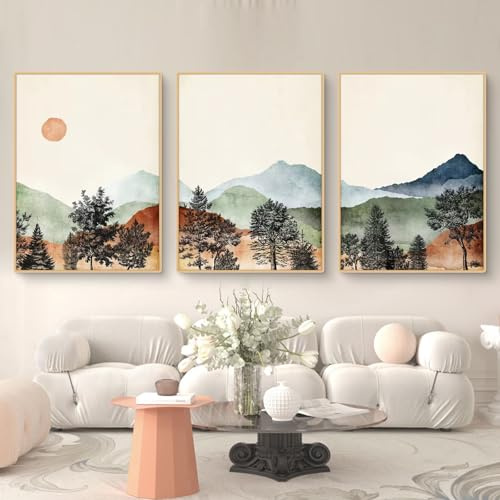 Ueiwffzo 3er Poster Set, Landschaft Wandbilder Abstrakt Berg Wald Bilder, Leinwandbilder Wandposter, Bilder Wohnzimmer Wanddeko, Ohne Rahmen (50x70cm)
