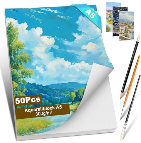 Romon Aquarellpapier, 50 Blatt Aquarell Papier 300g, Aquarellblock Malpapier Watercolor Paper Wasserfarben Zeichenpapier Gouache Papier DIY Geschenk Postkarten für Studenten Lehrer Künstler