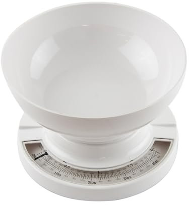 UNIQUE HOME LIVING Mechanical Kitchen Scale, Mini Analogue Food Scale, 2kg Capacity Cooking Baking Scale, Includes Dishwasher Safe Detachable Bowl, No Batteries, White, 17.5x12cm