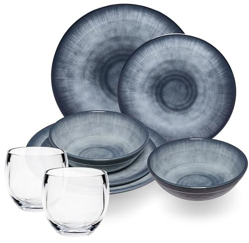 Melamin Geschirr Set Jesolo Grau für 2 Personen - 8 Teile - mit klarem Trinkglas 400ml - aus Acryl Steingutoptik Spülmaschinengeeignet Campingzubehör Campinggeschirr Wohnwagen Camping Festival