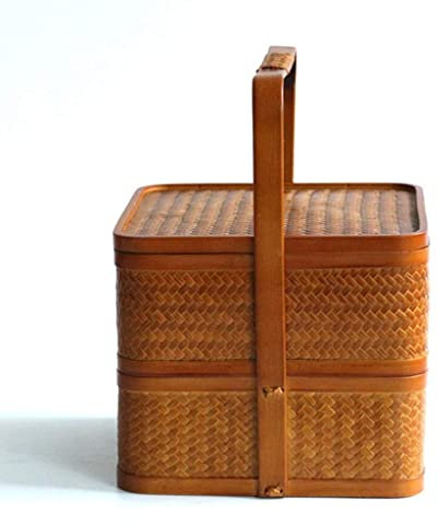 HCZKIUJY Japanischer geflochtener Picknickkorb aus Bambus mit Griffen, mehrschichtiger Aufbewahrungskorb für Outdoor, Camping, Party(Color-21x21x28cm)