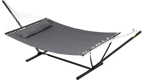 Outsunny Hamac sur Pied avec Oreiller, hamac avec Support Acier, avec Barres d'écartement, pour Camping en Plein air, Plage, Gris foncé