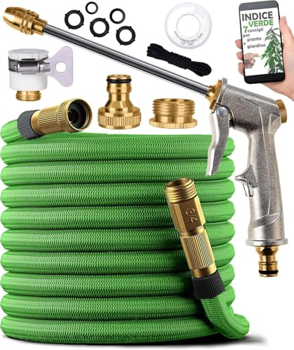 Tubo Acqua Giardino Estensibile 22,5m - Pistola Multigetto in Metallo, Raccordi in Ottone, Adattatori 1/2” e 3/4” Inclusi - Canna Irrigazione per Giardino, Lavaggio Auto, Orto, Terrazzo, Prato