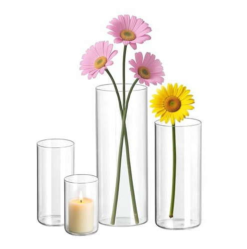 DOKKOME Vase Glas 4 Stück Glasvase Set Kerzengläser Glasvasen für Tischdeko Vase Groß Mini Vasen Tulpenvase Glaszylinder für Kerzen Home Hochzeit Tafelaufsätze Party