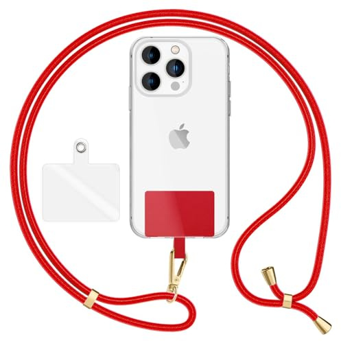 NALIA Universal Handykette für alle Smartphones, Rot, Gold Metall | Klebefreie Montage, Reißfestes Nylon-Gewebe, Klarer und farbiger Einleger, Auch für Kamera und Wallet, HOLDME AIR