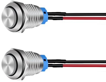 Powice 2X 16mm Wasserdicht Schalter,5A/12V Druckschalter,Selbstsichernder Edelstahl Taster Schalter 12V /230V Geeignet für Hupen, Autoklingeln, Autos usw Mit Draht (überstehend)