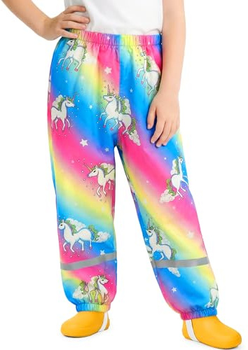 FILOWA Enfants Pantalon de Pluie Imperméable Coupe-Vent Pantalon Boue Filles Licorne Imprimé Non Doublée Salopette Pluie avec Réfléchissantes Respirant Léger Vêtements de Pluie École pour 5-6 Ans