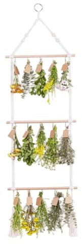 Hbbgdiy 48 × 14 ″ 3 -Tier -Hänge -Kräuter -Trocknungsregal mit 15 Haken, Wattestäbchen gewebter Blume und Grasentrockner für Küche, Garage & Garten
