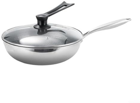 Wok in acciaio inox a tre strati non aderente, wok in acciaio inox, 32 cm con coperchio, adatto per induzione e cottura a fiamma libera per chef casalinghi (con coperchio)